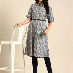 SHOWOFF Blue Printed A Line Kurta-image-23