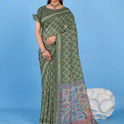 Mitera Kalamkari Linen Blend Bagh Saree-image-9
