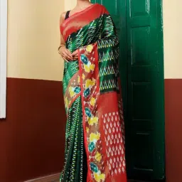 Unnati Silks Green & Red Printed Saree With Unstitched Blouse-picture-16