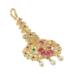 Aatmana Gold-Plated Maroon & Green AD-Studded & Beaded Handcrafted Maang Tikka for Women & Girls image 5