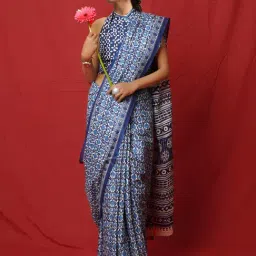 Unnati Silks Blue Cotton Printed Saree With Unstitched Blouse-picture-31