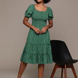 Roadster Print Puff Sleeves Smocked Tiered Drop-Waist Dress image 3