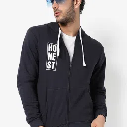 Campus Sutra Navy Cotton Regular Fit Printed Hooded Sweatshirt image 1