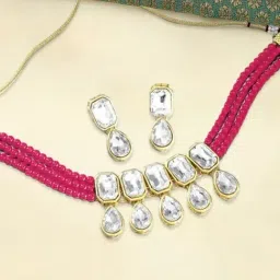 Oomph Rani Pink Pearls Ethnic Necklace & Earring Set-image-26