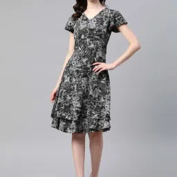 Cottinfab Black Floral Print A-Line Crepe Dress-image-44