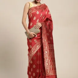 Leeza Store Red & Golden Ethnic Motifs Zari Silk Blend Banarasi Saree-picture-41