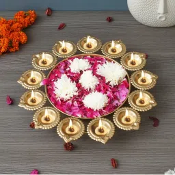 eCraftIndia Golden Handcrafted Designer Urli with 13 Diyas-image-0