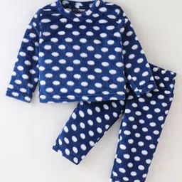 Kanvin Supersoft Extra Warm Velour Full Sleeves Winter Wear Night Suit With Polka Dots - Navy Blue-picture-24