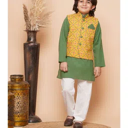 AJ Dezines Full Sleeves Solid Kurta & Pyjama With Patola Blocks Motif Printed Jacket - Green-picture-33