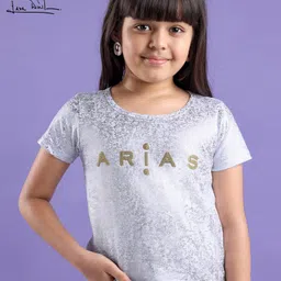 arias by lara dutta Arias Cotton Stretch Knit Half Sleeves T-Shirts With Placement & Foil Print - Silver-picture-41
