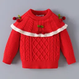 Kookie Kids Full Sleeves Pullover Sweater with Cherry Applique & Cable Knit Design - Red-image-38