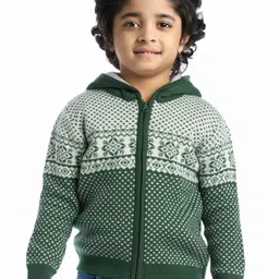 Babyhug Knitted Full Sleeves Hooded Front Open Sweater With Aztec Design- Green-picture-36