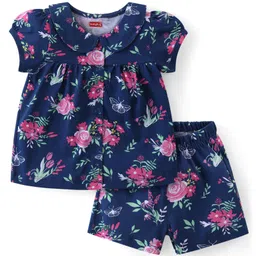 Babyhug Cotton Knit Half Sleeves Peter Pan Collared Night Suit With Floral Print - Navy-picture-36