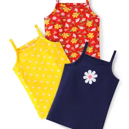 Babyhug 100% Cotton Knit Singlet Sleeves Slips with Floral Print & Polka Dots Pack of 3 - Blue Yellow & Red-picture-27