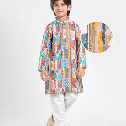 EARTHY TOUCH Woven Full Sleeves Kurta Pyjama Set With Abstract Print & Lace Detailing - Blue & White-picture-13