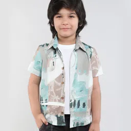 Taffykids Half Sleeves Abstract Printed Shirt With Attached Tee - White & Multi Colour-image-16