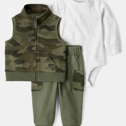 Carter's Knit Camouflage Print Jacket & Joggers Set with Full Sleeves Onesie - Olive Green & White-picture-20