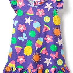 Babyhug Cotton Knit Frill Sleeves Nighty With Tropical Theme Print - Purple-picture-18