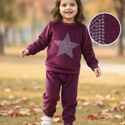 Babyhug Velour Woven Full Sleeves Winter Wear T-Shirt & Lounge Pant Set With Foil Star Print - Wine-picture-11