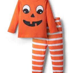 Babyhug Cotton Knit Full Sleeves Night Suit With Stripes - Orange-picture-26