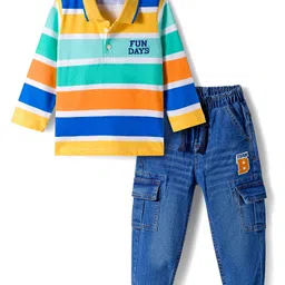Babyhug Terry Knit Full Sleeves T-Shirt & Denim Jeans Set With Stripes & Text Embriodery - Blue-picture-21