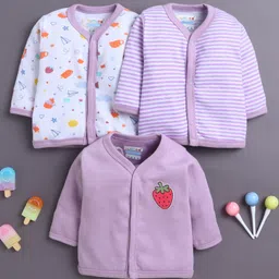 BUMZEE Cotton Knit Pack Of 3 Full Sleeves Striped & Ice Cream Printed Jablas - Lavender & White-image-66