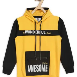 ALAN JONES Cotton Blend Knit Full Sleeves Colour Blocked & Typography Printed Light Winter Hooded Sweatshirt - Gold-picture-14