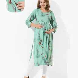 Quira Cotton Blend Woven Three Fourth Sleeves Floral Printed Maternity Kurti With Side Zipper Nursing Access - Green-image-89