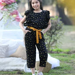 Cutiekins Woven Sleeveless Stars Printed Frill Detailed Jumpsuit - Black & Mustard-picture-21