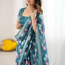 KALINI Teal Printed Cotton Blend Sarees image 5