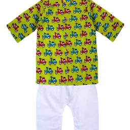 BownBee Pure Cotton Full Sleeves Scooter Printed Kurta Pyjama Set - Green image 3