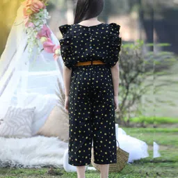 Cutiekins Woven Sleeveless Stars Printed Frill Detailed Jumpsuit - Black & Mustard image 3