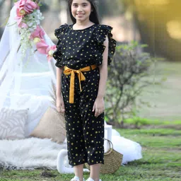 Cutiekins Woven Sleeveless Stars Printed Frill Detailed Jumpsuit - Black & Mustard image 4