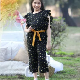 Cutiekins Woven Sleeveless Stars Printed Frill Detailed Jumpsuit - Black & Mustard image 5