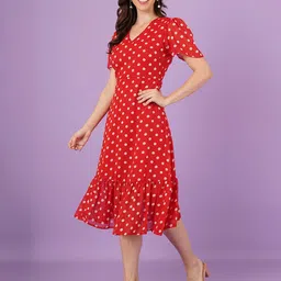 Curvydrobe Women Polka Dot Print Puff Sleeve A-Line Midi Dress image 2