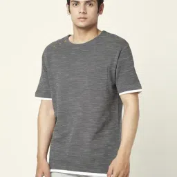 7 Alt by Pantaloons Charcoal Grey Cotton Relaxed Fit Self Pattern T-Shirt-image-4