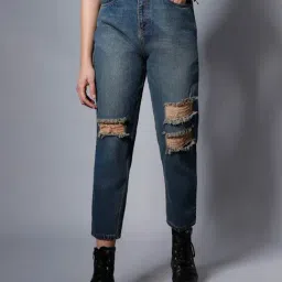 High Star Blue Distressed Relaxed Fit High Rise Jeans-image-64