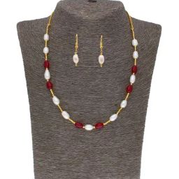 Sri Jagdamba Pearls Red & White Pearl Gold Plated Necklace Set-picture-32