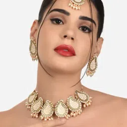 Zaveri Pearls Peach Meenakari Keri Shape Necklace, Earring, Maangtikka & Ring Set-ZPFK12234-image-49