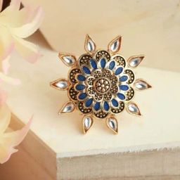 Aatmana Gold-Plated Blue Enamelled White Handcrafted Adjustable Finger Ring for Women-picture-44