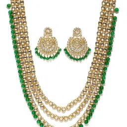 Zaveri Pearls Kundan & Dangling Green Beads Multi Layered Necklace & Earring Set-ZPFK9418 image 5