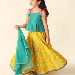 Fabindia Kids Teal & Yellow Floral Print Lehenga, Choli with Dupatta image 5