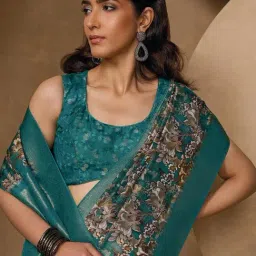 Soch Blue Chanderi Floral Saree With Unstitched Blouse Piece-image-12