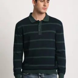 The Bear House Navy Cotton Regular Fit Striped Polo T-Shirt-image-1