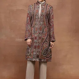 House of Chikankari Women Mandarin Collar Woollen Kashmiri Longline Tailored Jacket-image-48