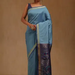 Soch Turquoise Solid Saree With Unstitched Blouse Piece image 3