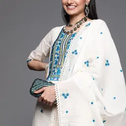 Libas Women Off White Floral Embroidered Thread Work Pure Cotton Kurta with Palazzos & With Dupatta-picture-34