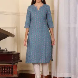 W Denim Blue Cotton Printed Straight Kurta-image-24
