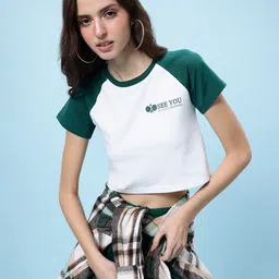 glitchez Teal Magic Placement Print Contrasting Sleeves Regular Fit Crop T-shirt-picture-33