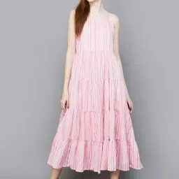Colour Me by Melange Pink Cotton Striped A-Line Dress-image-6
